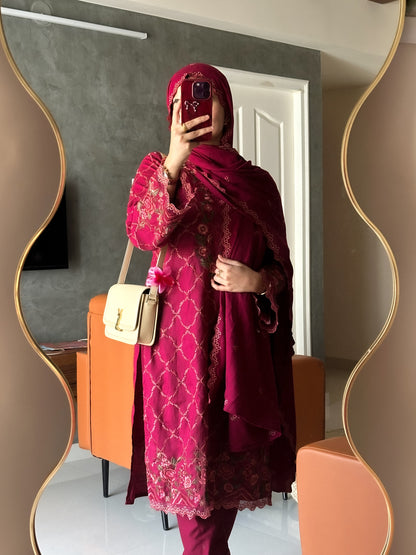 3PC-EMBROIDERED COTTON JACQUARD SUIT