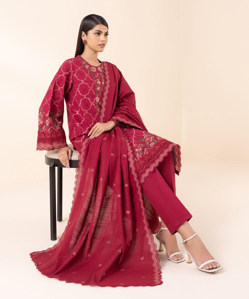 3PC-EMBROIDERED COTTON JACQUARD SUIT
