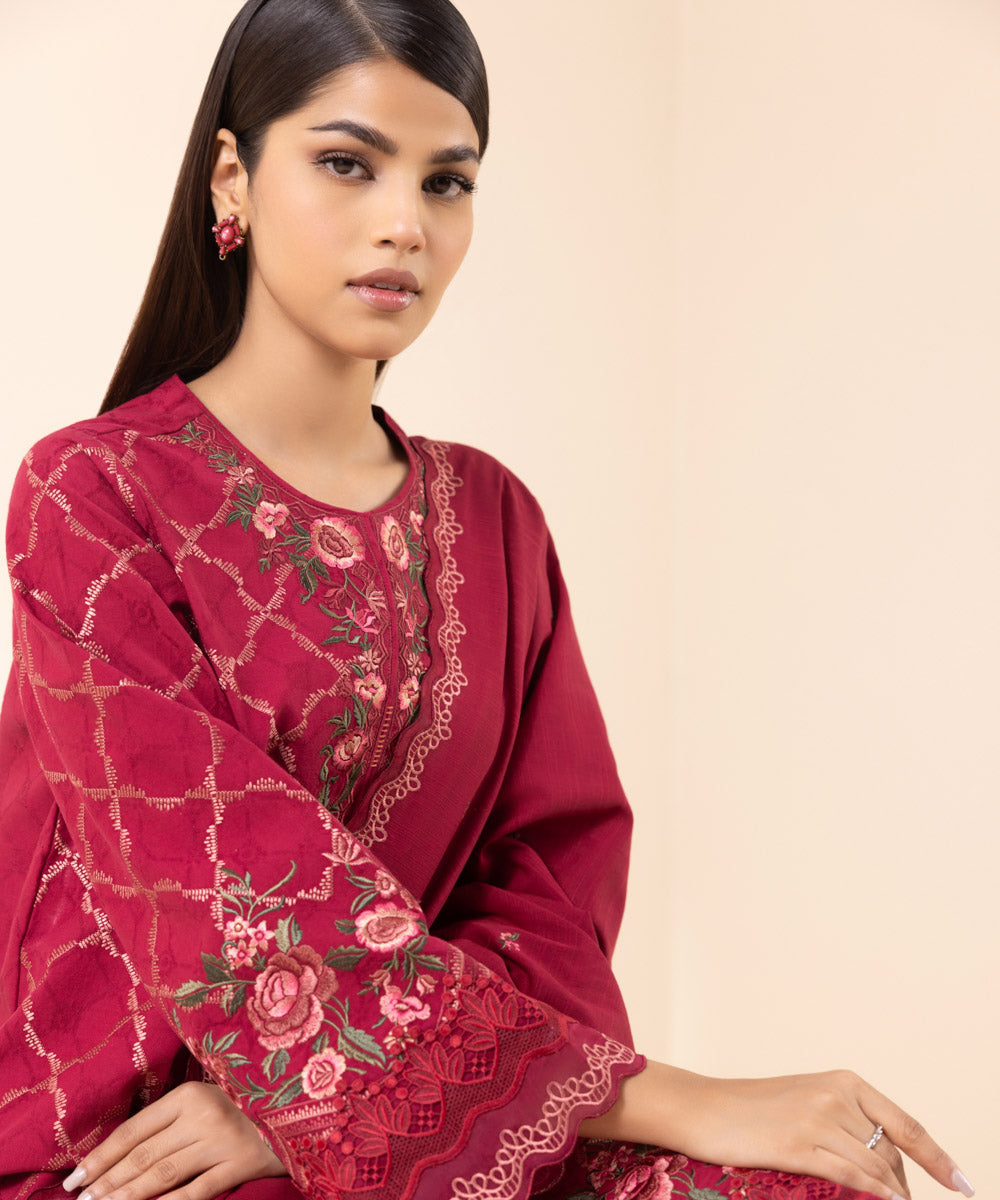 3PC-EMBROIDERED COTTON JACQUARD SUIT
