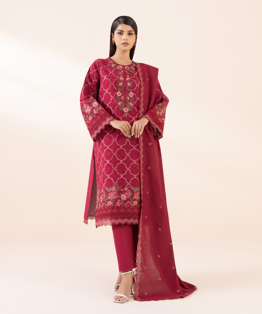 3PC-EMBROIDERED COTTON JACQUARD SUIT