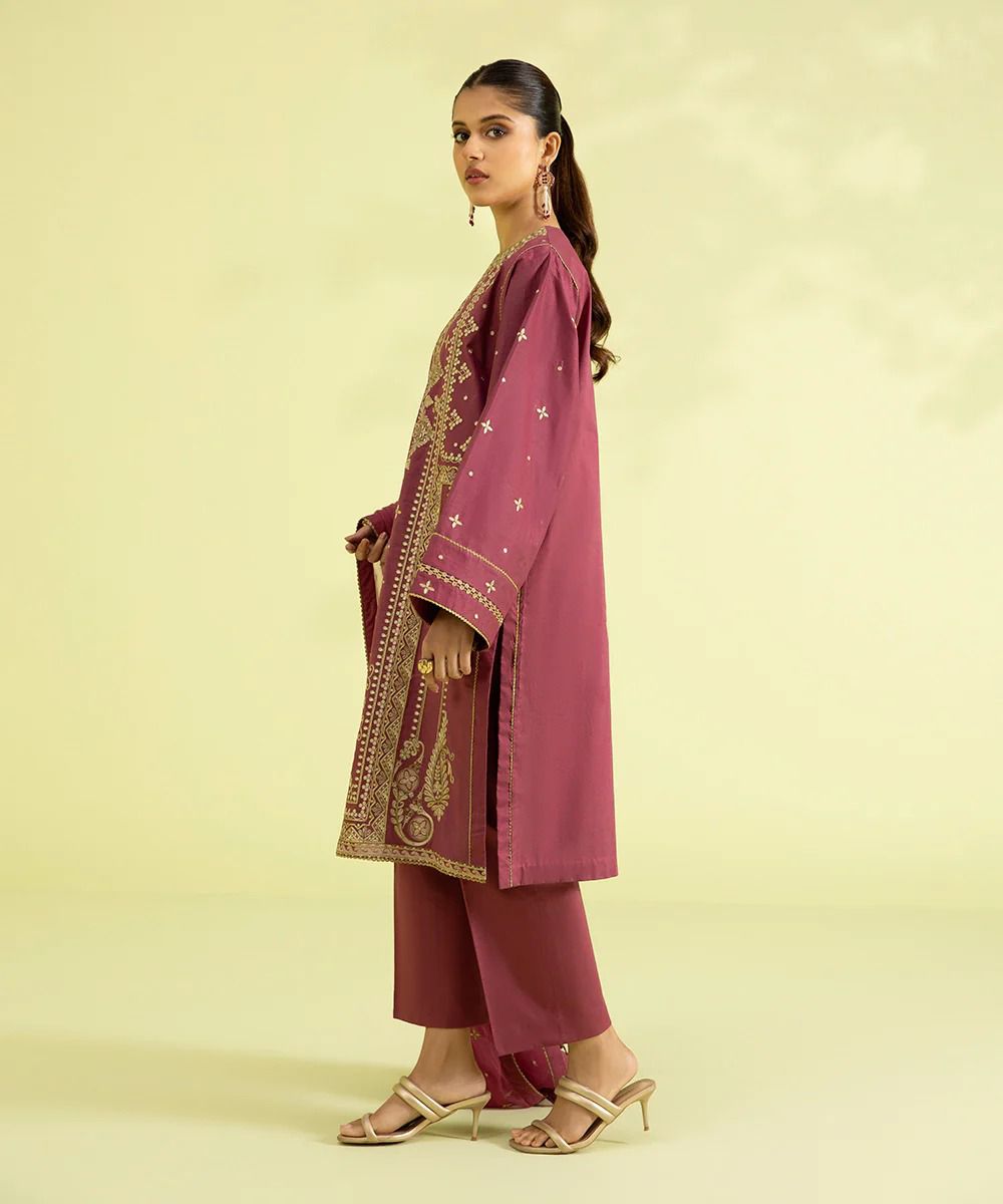 3PC-EMBROIDERED COTTON SATIN SUIT