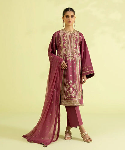 3PC-EMBROIDERED COTTON SATIN SUIT