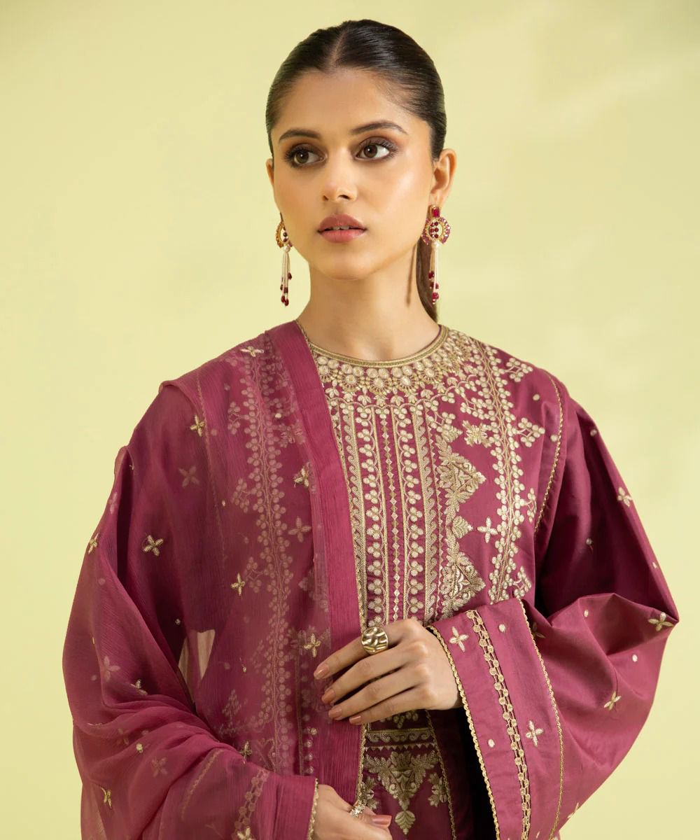 3PC-EMBROIDERED COTTON SATIN SUIT