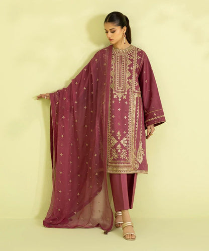 3PC-EMBROIDERED COTTON SATIN SUIT